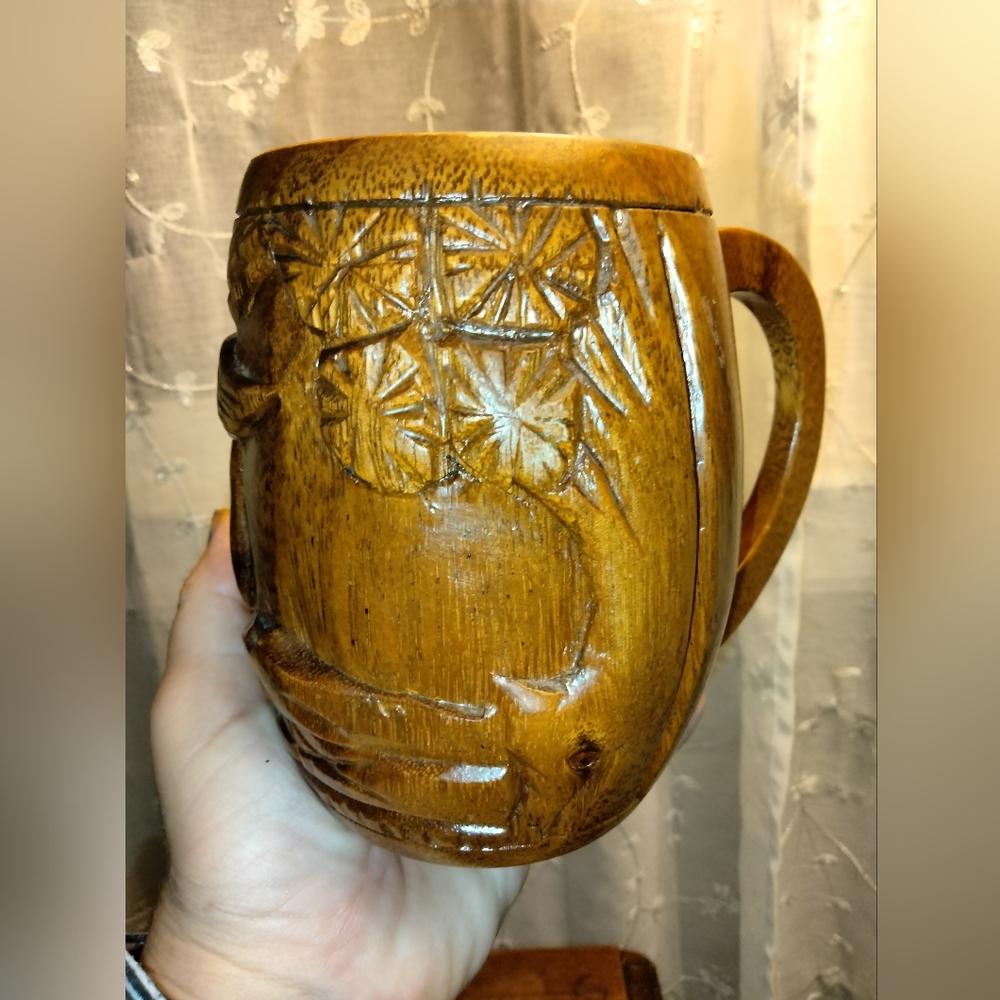 Vintage Handcrafted Wooden Inlay Tiki Mug